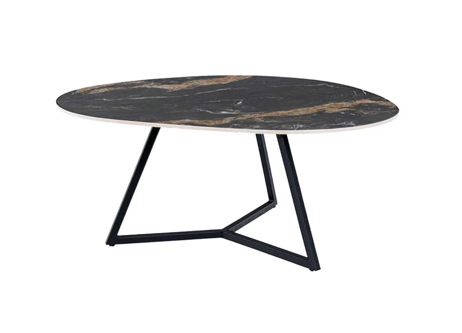 Table basse ORBIS 70 cm en céramique noir doré avec piètement métal noir sur fond blanc