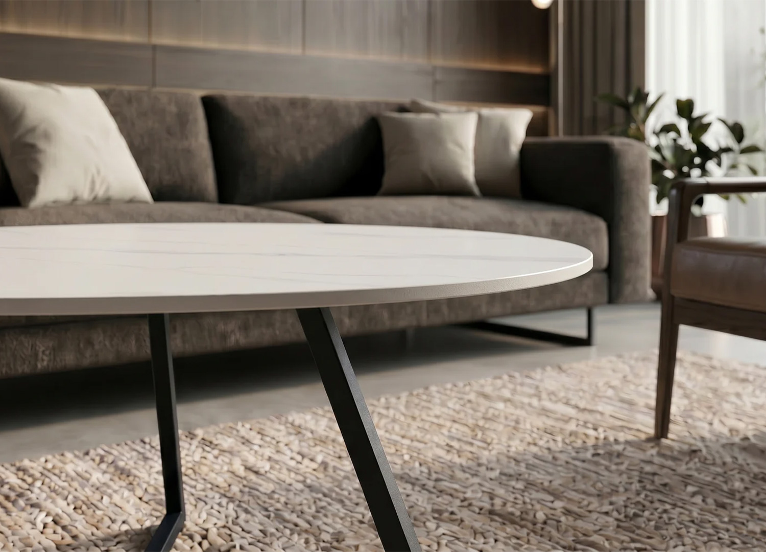 Vue de profil du plateau en céramique blanche 10 mm de la table basse ORBIS 70 cm