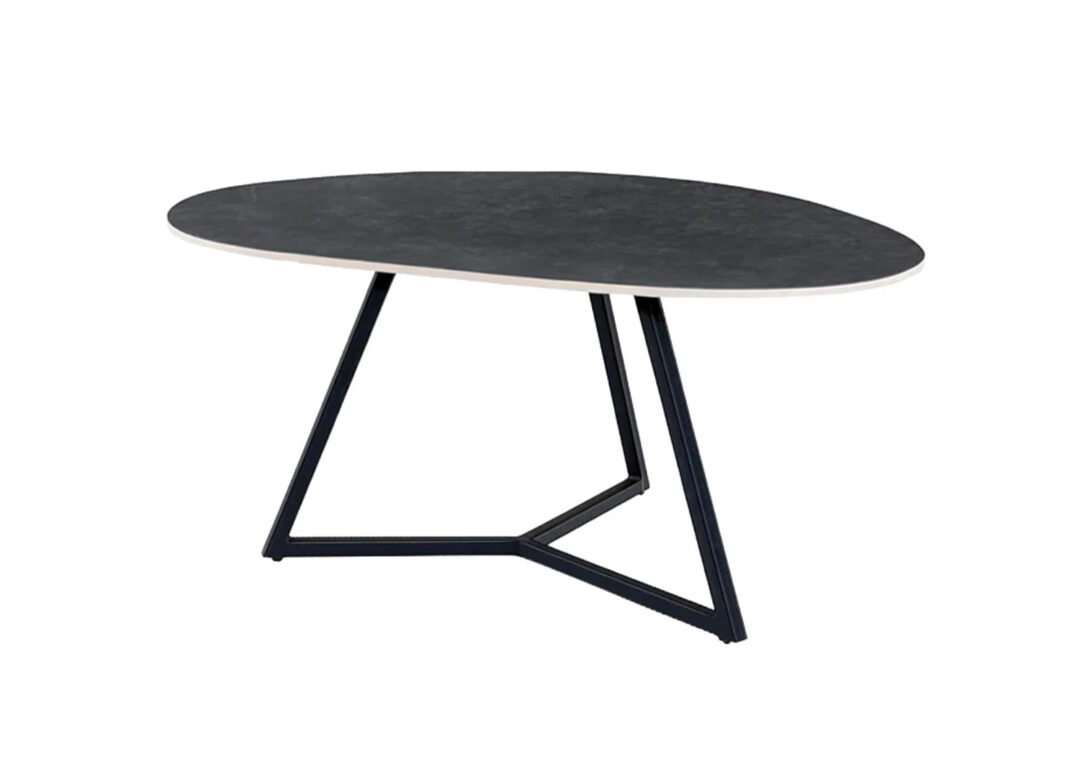 Table basse ORBIS 90 cm en céramique anthracite avec piètement métal noir sur fond blanc