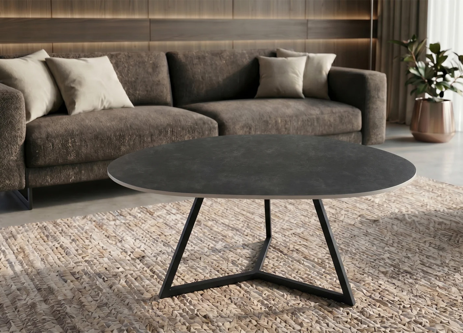 Vue de face de la table basse ORBIS 90 cm avec plateau anthracite et piètement noir