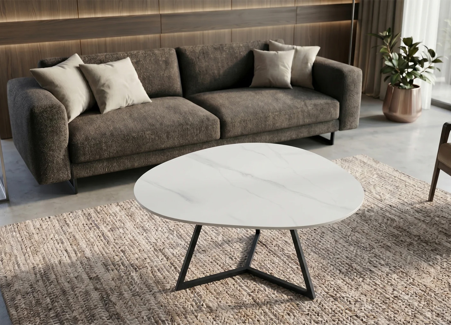 Grande table basse ORBIS 90 cm en céramique blanche avec décoration de salon