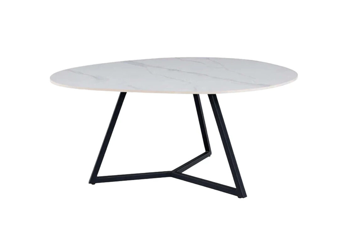 Table basse ORBIS 90 cm en céramique blanche avec piètement métal noir sur fond blanc