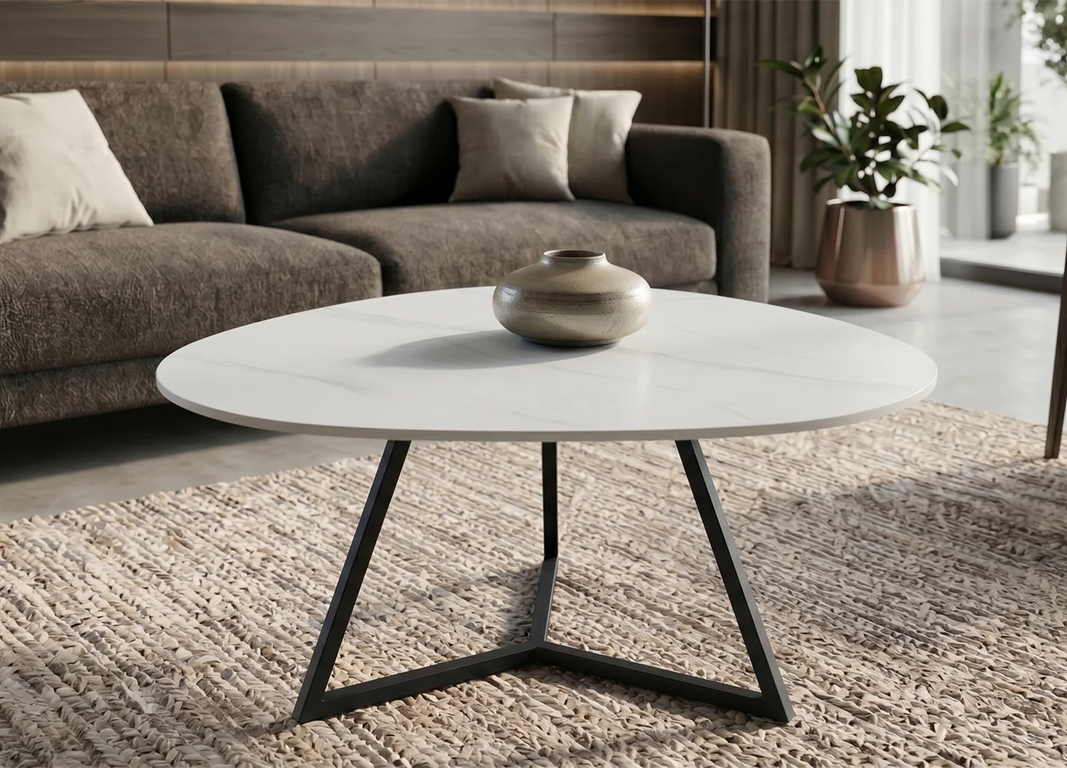 Vue de face de la table basse ORBIS 90 cm en céramique blanche effet marbre