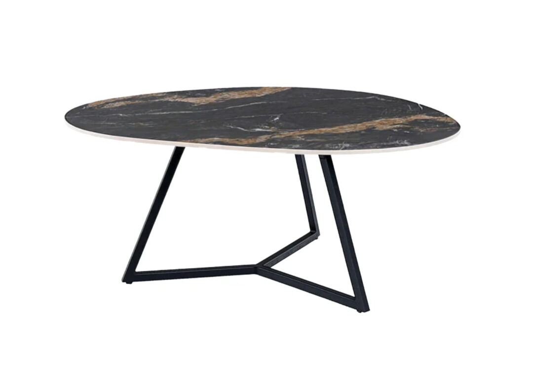 Table basse ORBIS 90 cm en céramique noir doré avec piètement métal noir sur fond blanc