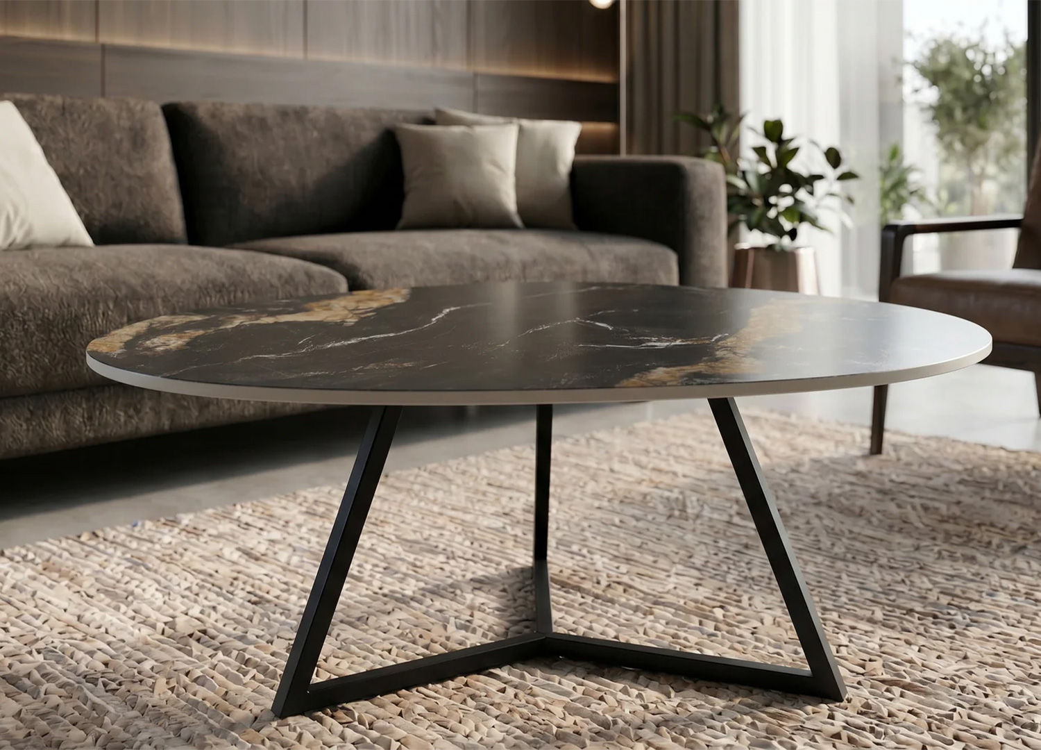 Détail du plateau en céramique noir doré 10 mm de la table basse ORBIS 90 cm