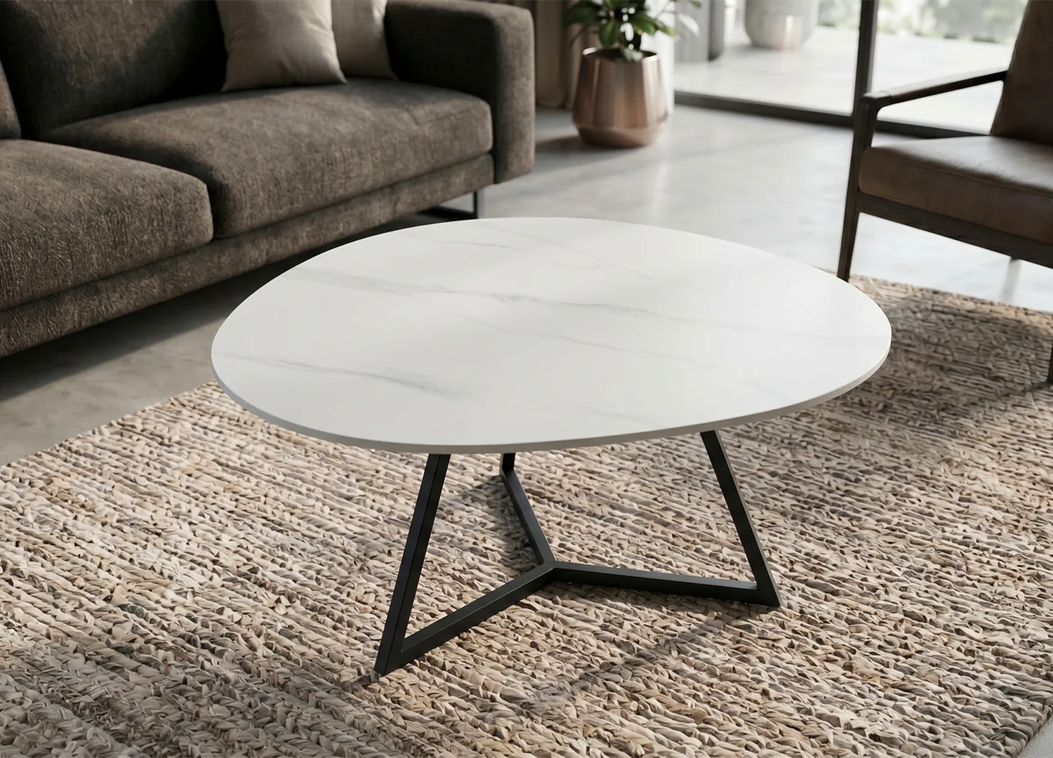 Piètement géométrique en métal noir de la table basse ORBIS 90 cm en céramique blanche