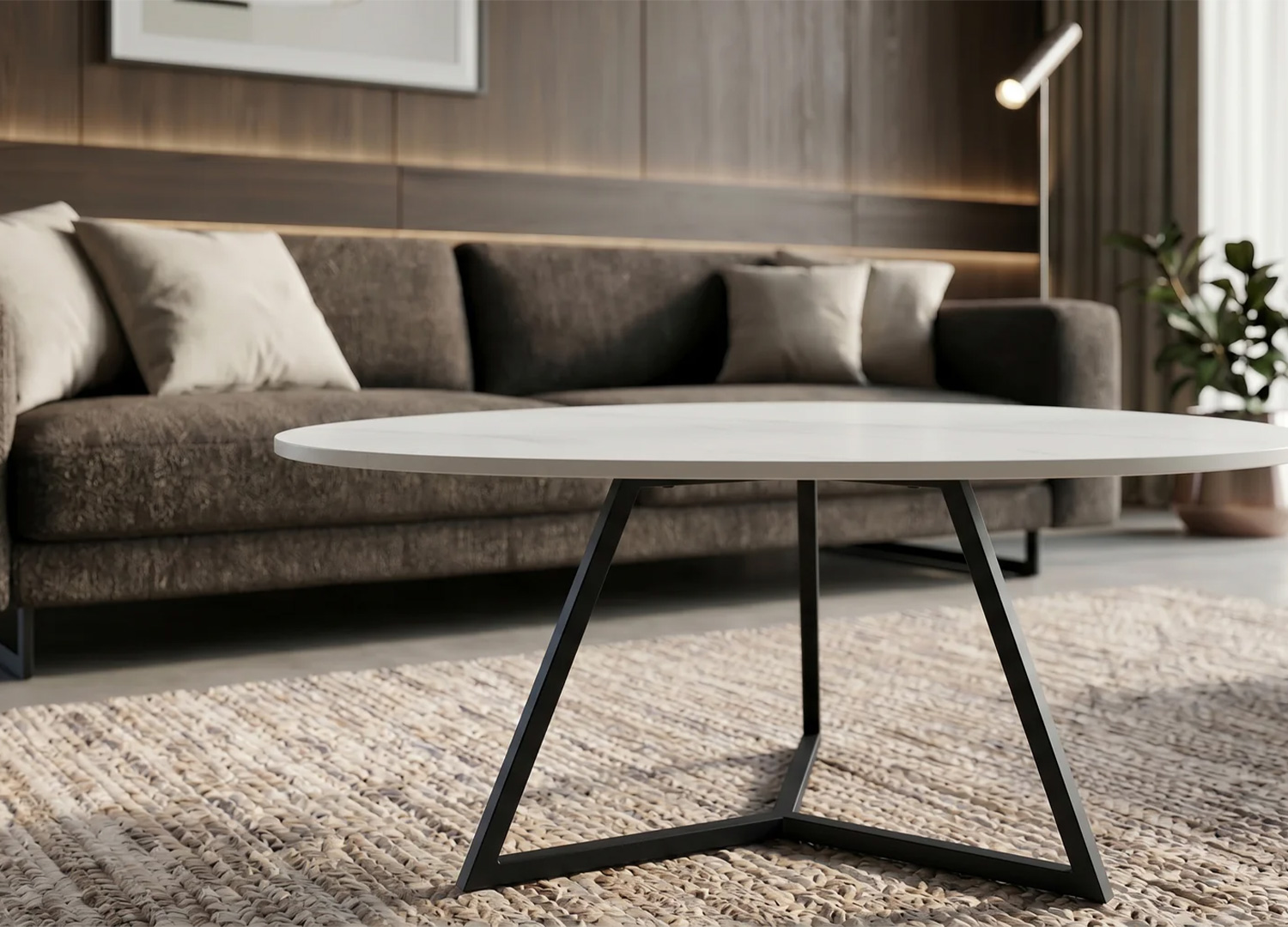 Vue basse du piètement géométrique en métal noir de la table basse ORBIS 90 cm