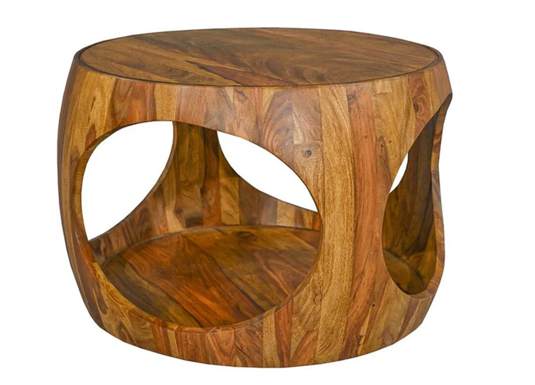 Table basse ronde KARSA 60 cm en bois de sheesham brun avec structure ajourée sur fond blanc