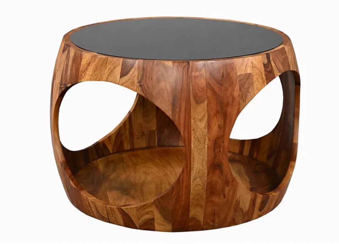 Table basse ronde KARSA 60 cm en bois de sheesham avec plateau en verre noir sur fond blanc