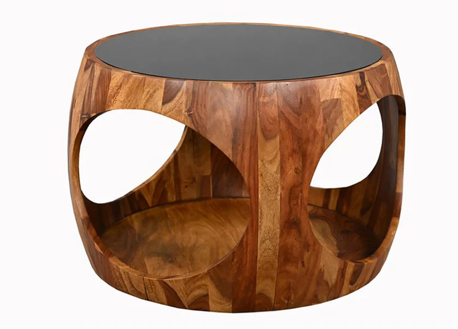 Table basse ronde KARSA 60 cm en bois de sheesham avec plateau en verre noir sur fond blanc