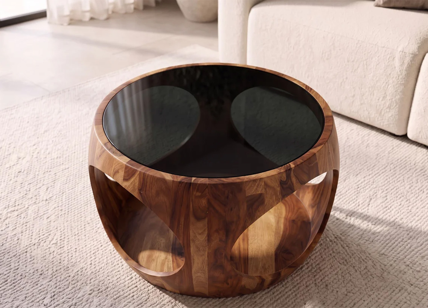 Vue de dessus de la table basse ronde KARSA avec plateau circulaire en verre noir