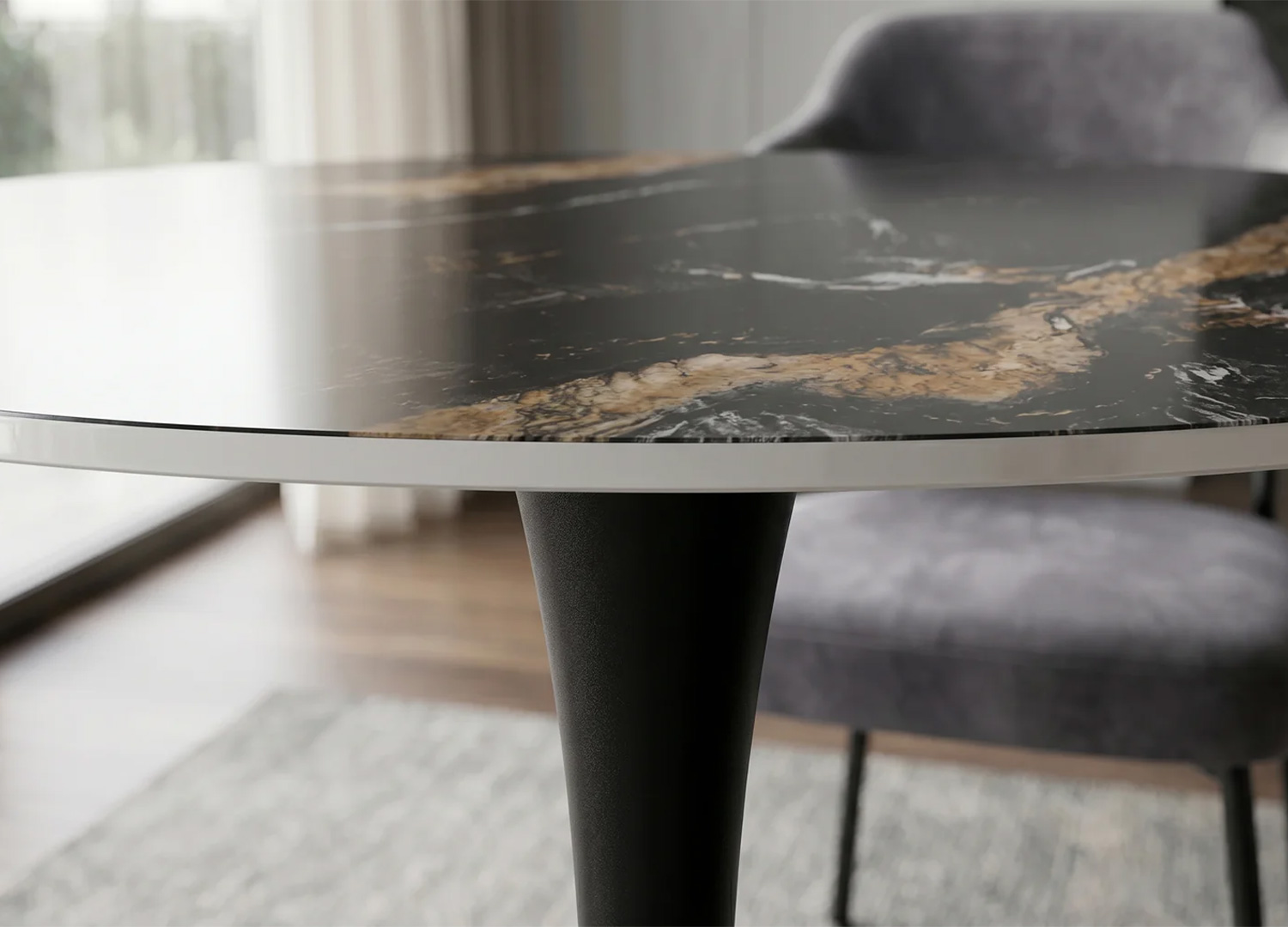 Table bistrot ORBIS 80 cm en céramique noir doré avec pied central noir vue de face