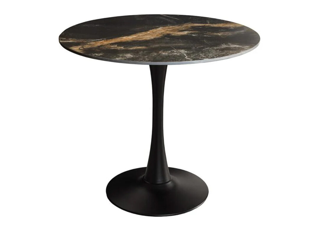 Table bistrot ORBIS 80 cm avec plateau noir doré et pied central noir style tulipe
