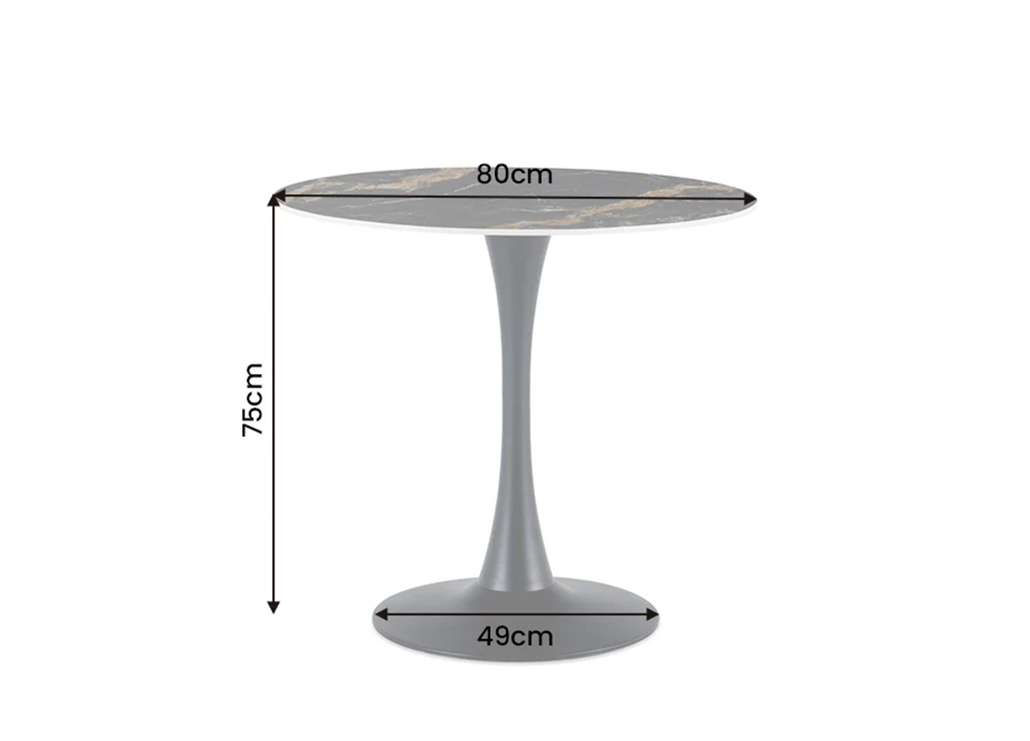 Dimensions de la table bistrot ORBIS 80 cm en céramique noir doré avec pied central noir