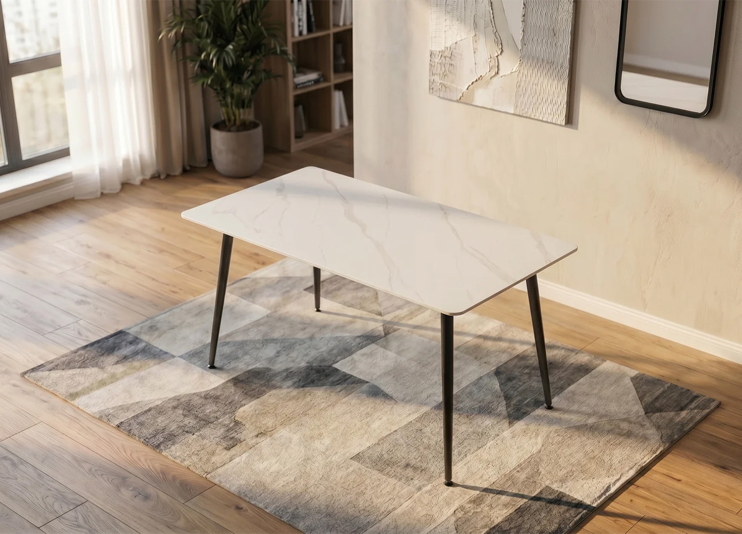 Table KAVEN 120 cm en céramique blanche dans une salle à manger moderne
