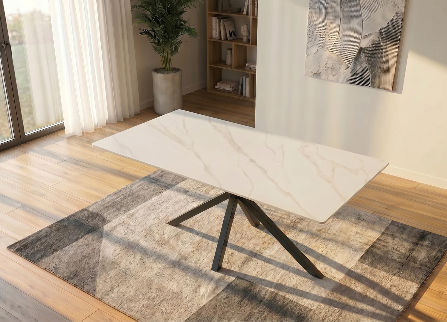 Table KAVEN 160 cm en céramique blanche dans une salle à manger contemporaine