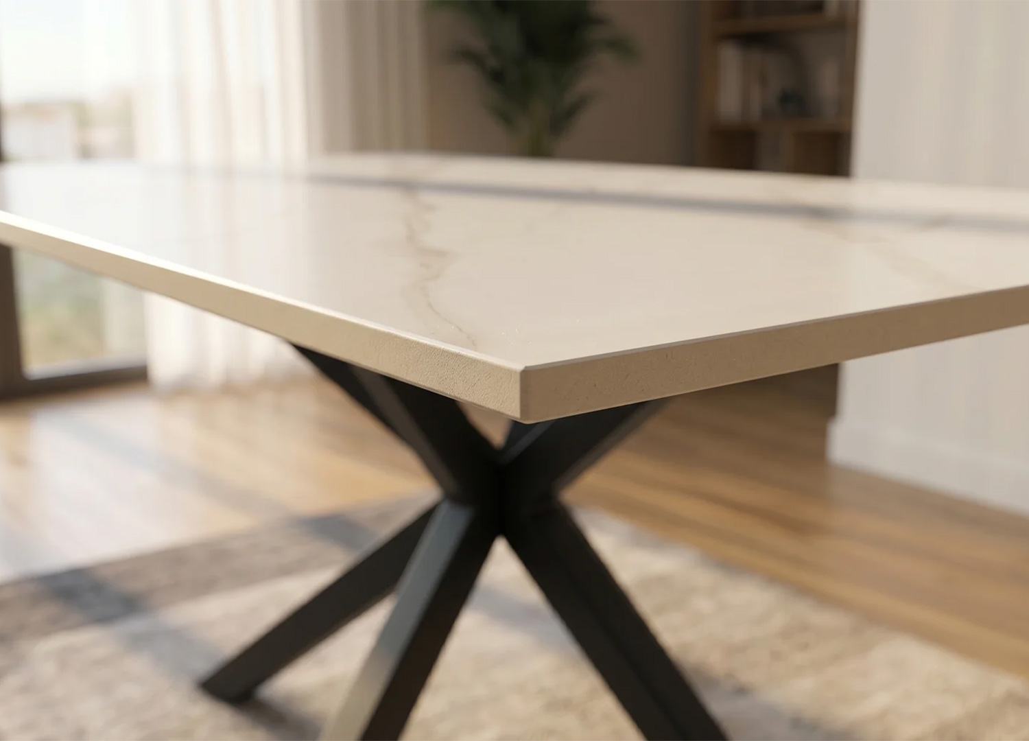 Coin droit et finition du plateau en céramique blanche de la table KAVEN 160 cm