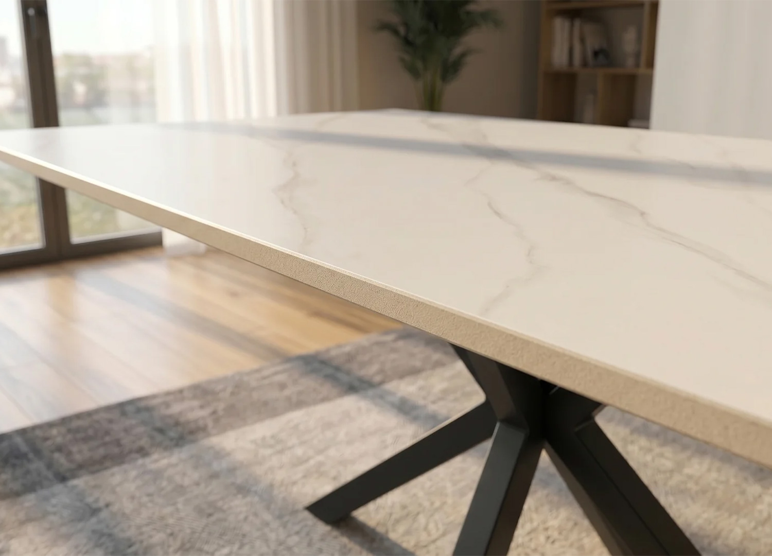 Détail du plateau en céramique blanche de la table KAVEN 160 cm