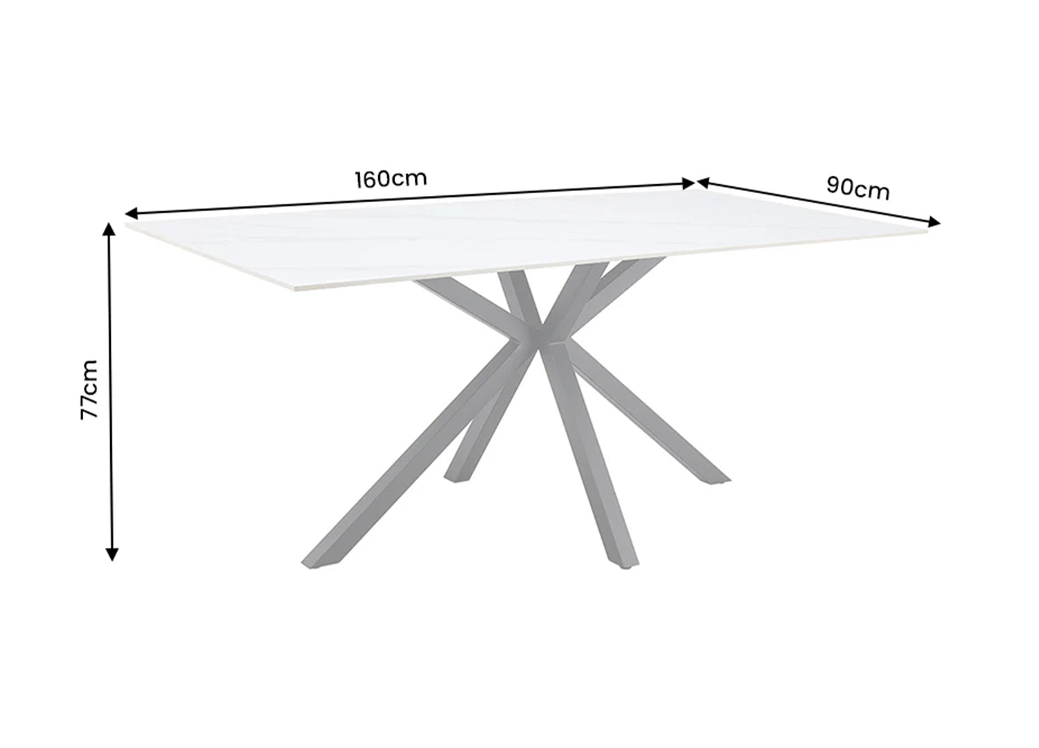 Dimensions de la table KAVEN 160 cm en céramique blanche 160 x 90 x 77 cm