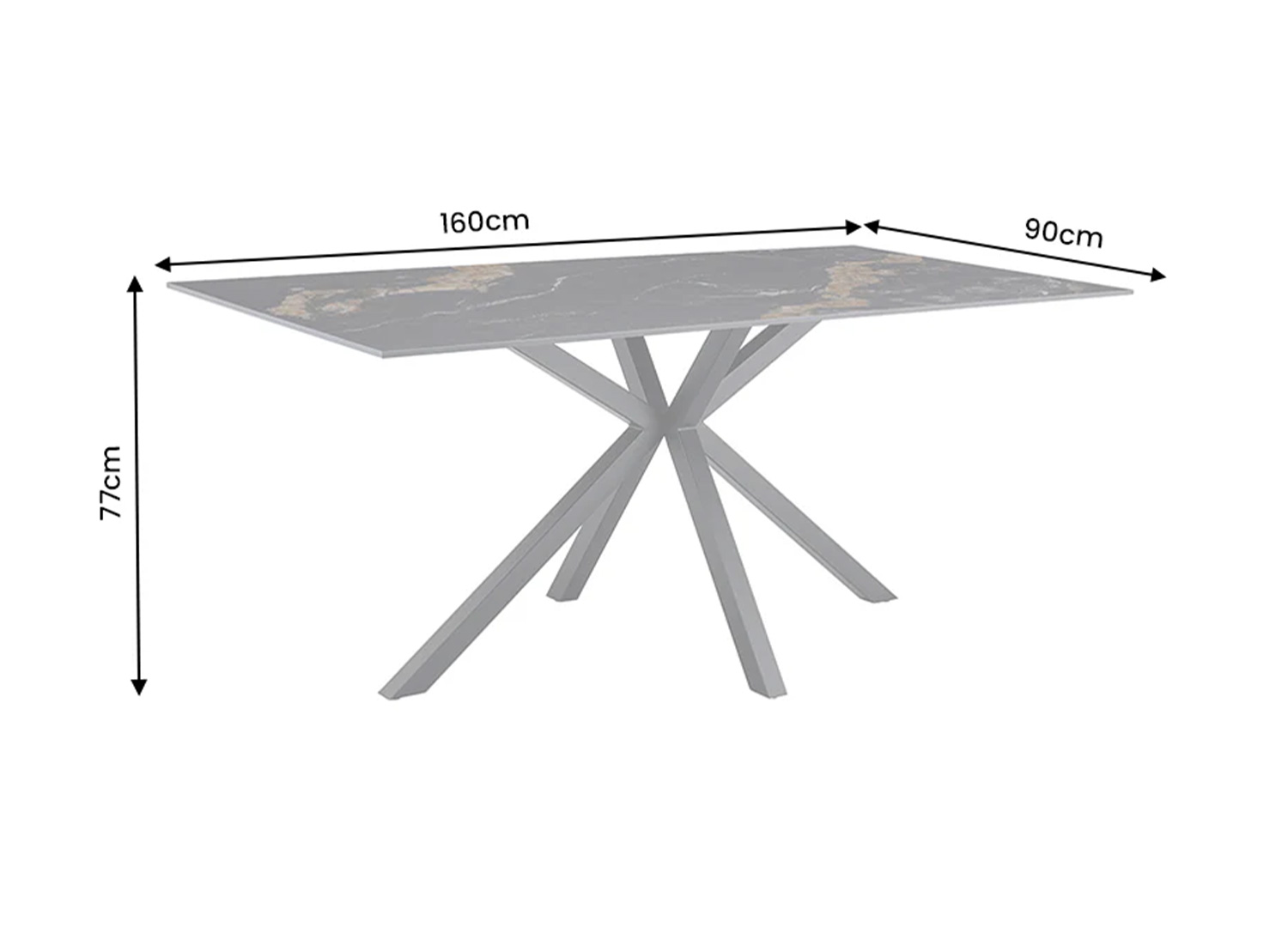 Dimensions de la table KAVEN 160 cm en céramique noir doré 160 x 90 x 77 cm