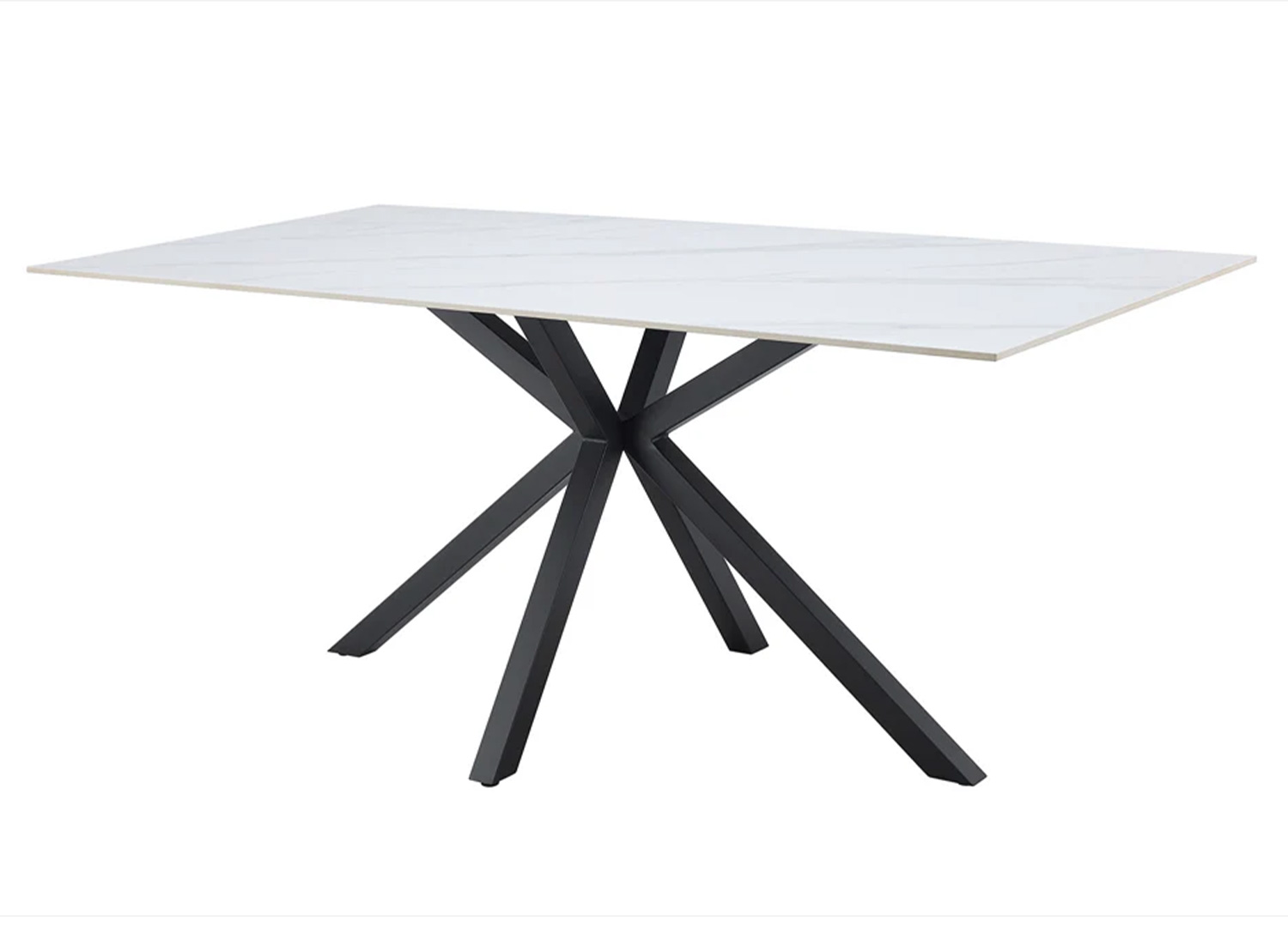 Table à manger KAVEN 180 cm en céramique blanche avec piètement étoile noir sur fond blanc