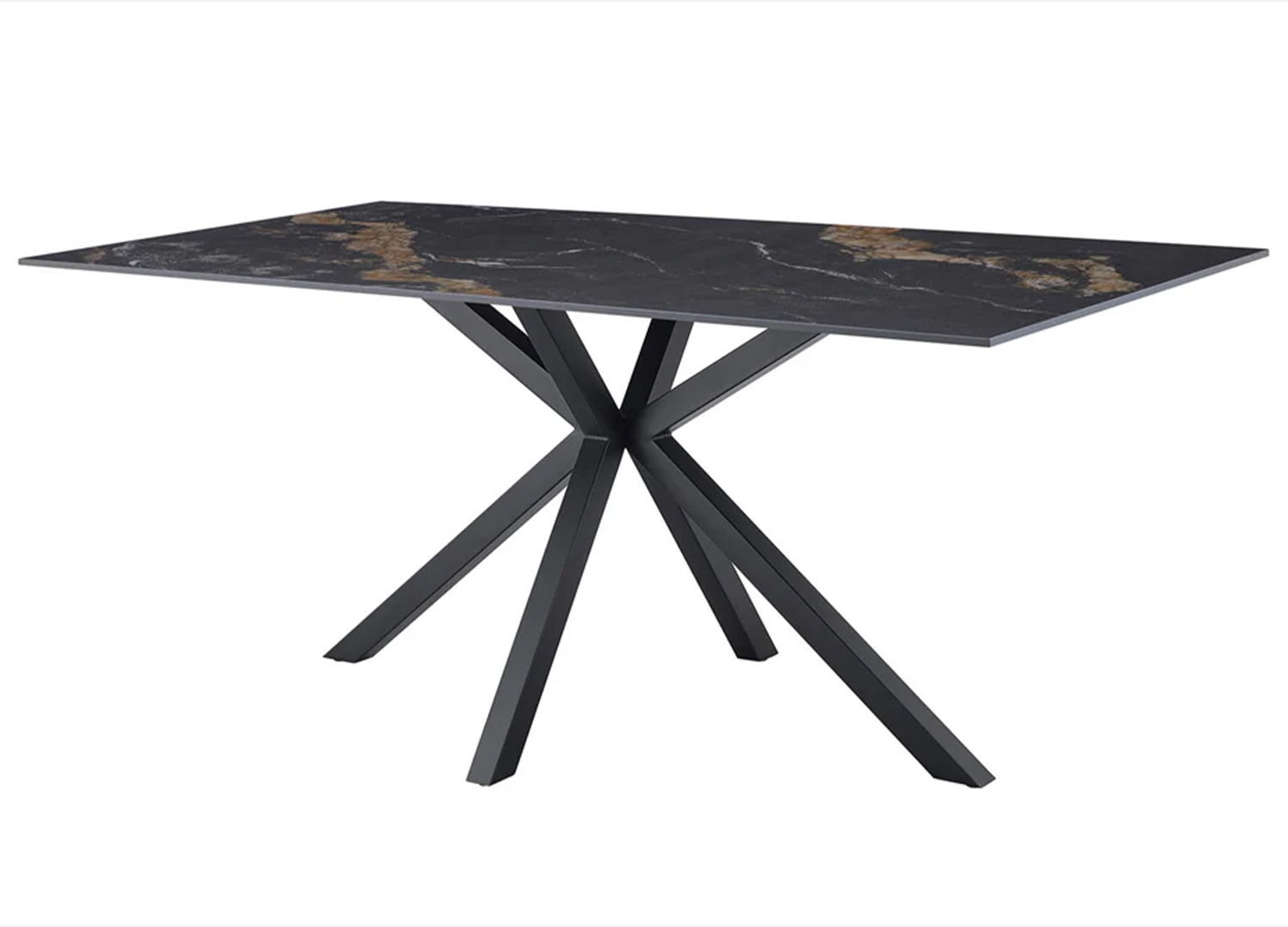 Table KAVEN 180 cm en céramique noir et or avec piètement étoile noir sur fond blanc