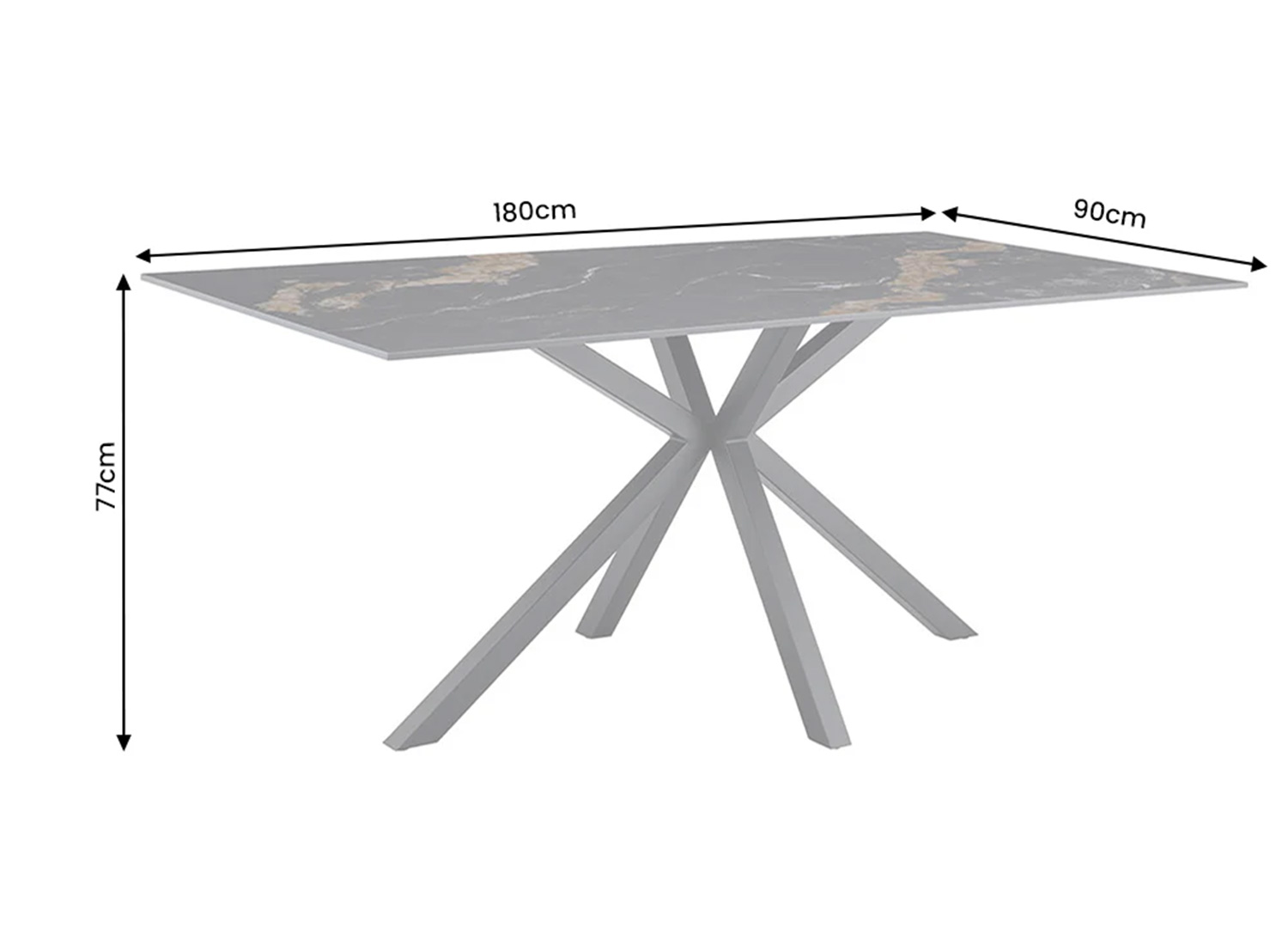 Dimensions de la table KAVEN 180 cm en céramique noir et or 180 x 90 x 77 cm