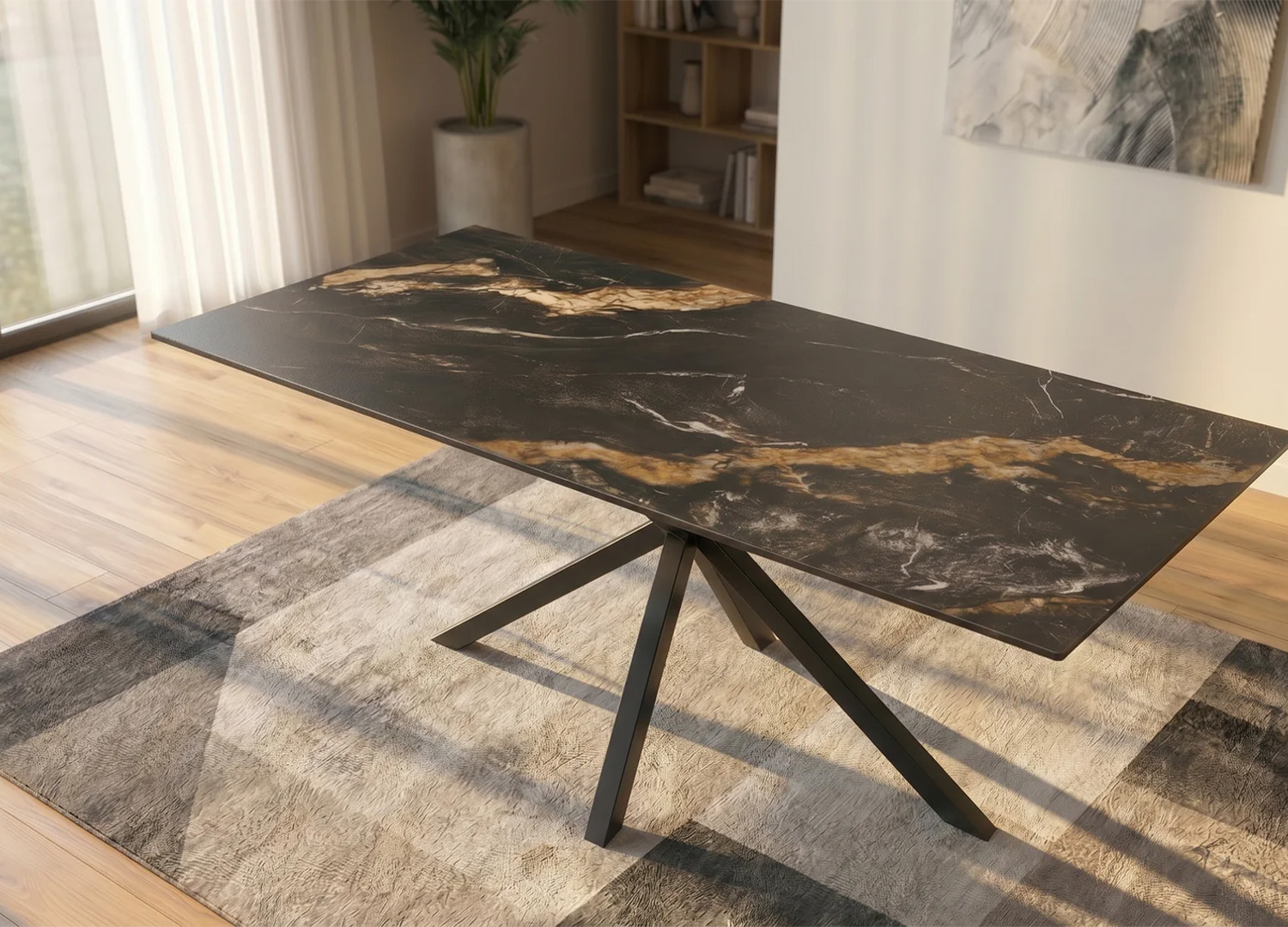 Table KAVEN 180 cm en céramique noir et or dans une salle à manger lumineuse