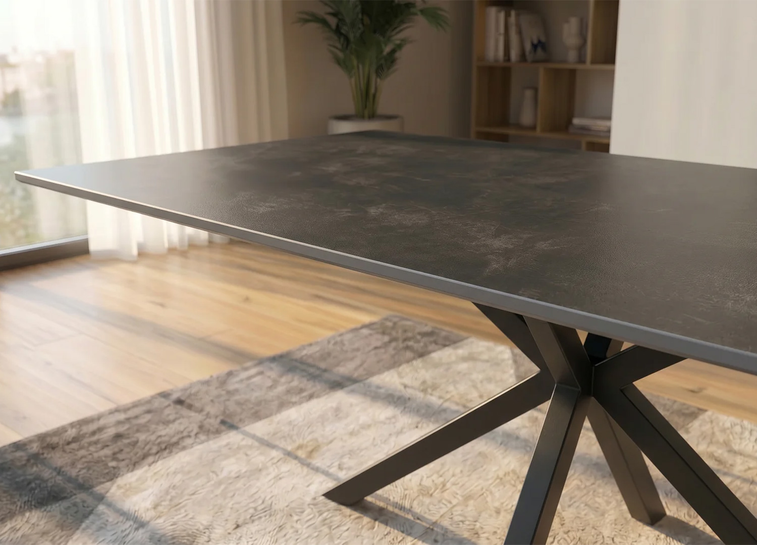Table KAVEN 180 cm anthracite avec chaises design dans une salle à manger moderne