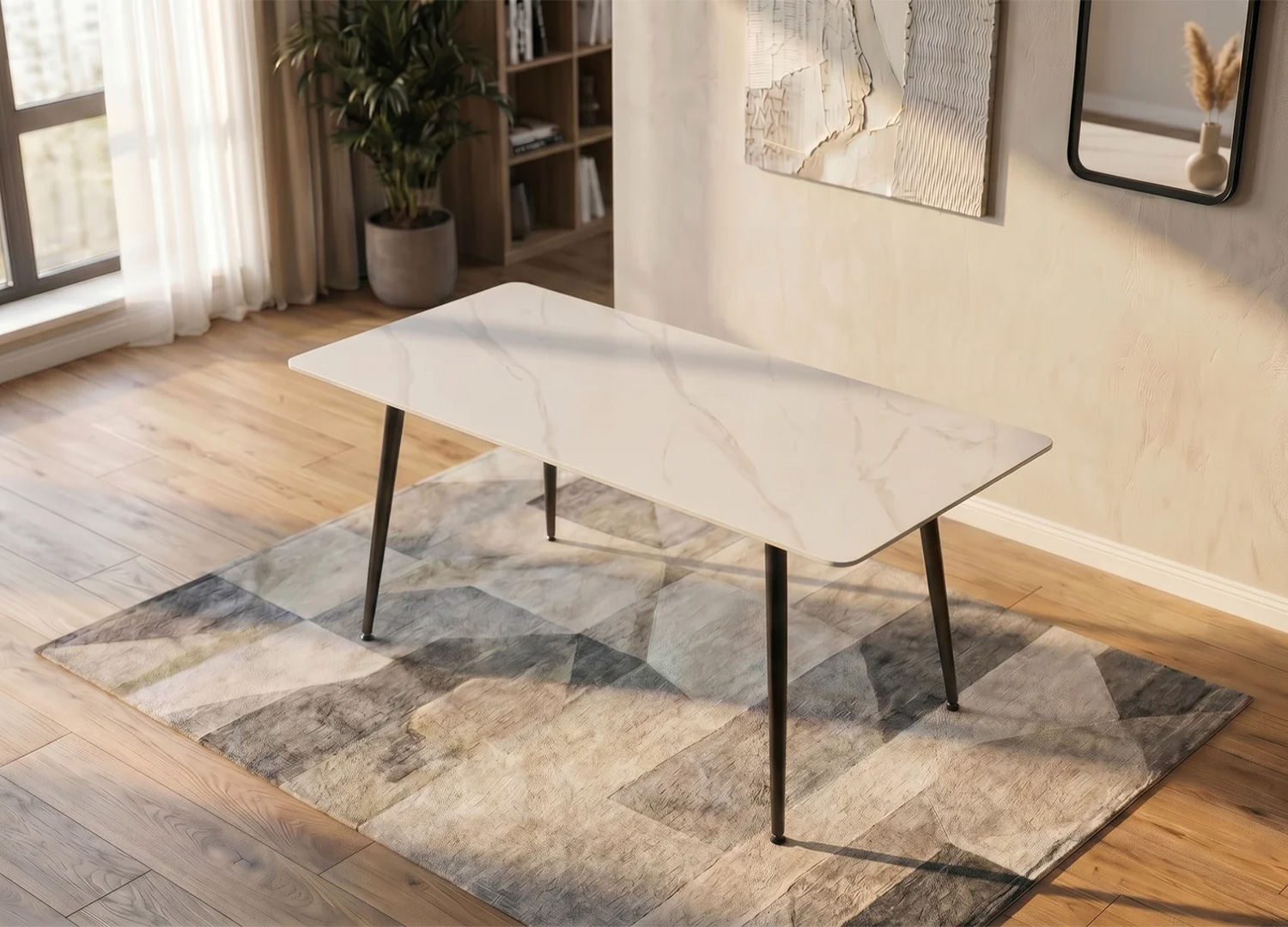 Table de repas KAVEN en céramique blanche marbrée installée dans une salle à manger moderne