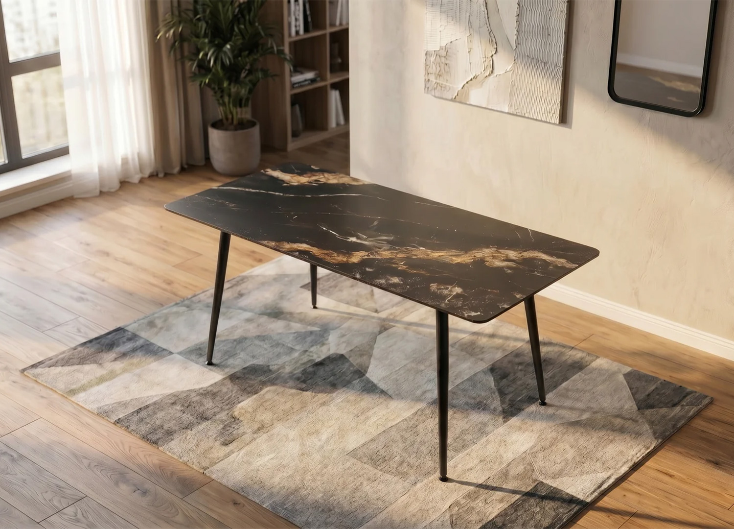 Table KAVEN 140 cm en céramique noir et or dans une salle à manger moderne avec tapis graphique