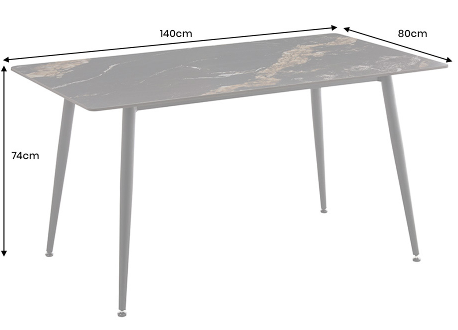 Dimensions de la table KAVEN 140 cm en céramique noir or et sable 140 x 80 x 74 cm