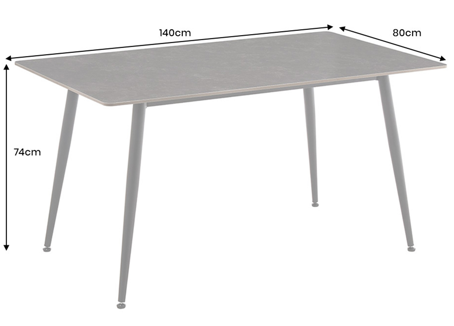 Dimensions de la table KAVEN en céramique anthracite 140 x 80 x 74 cm