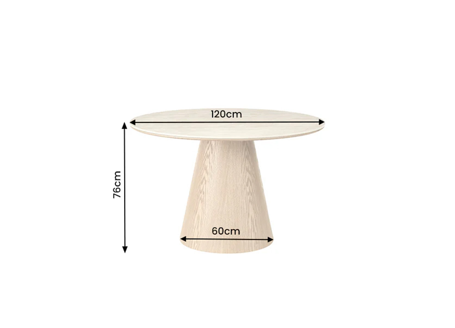 Dimensions de la table ronde ÉLIORA 120 cm avec hauteur de 76 cm et piètement central 60 cm