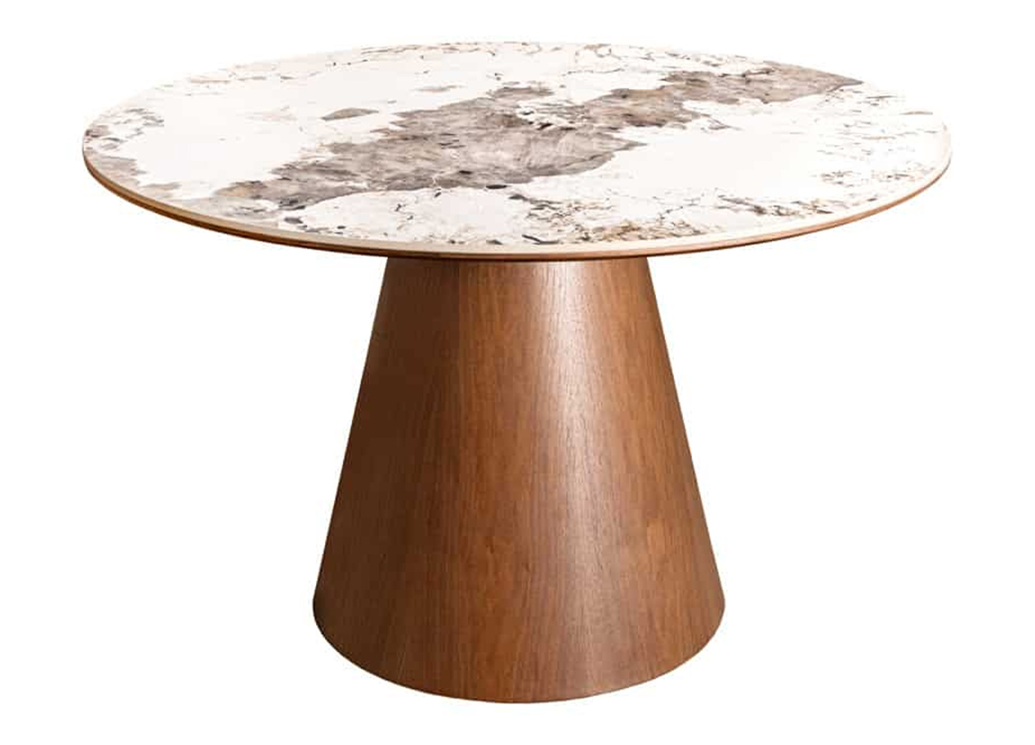 Table ronde ÉLIORA 120 cm avec plateau céramique Pandora et pied noyer sur fond blanc