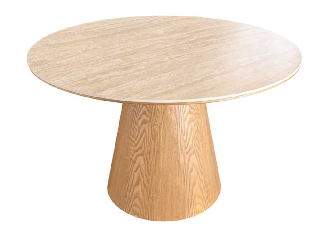 Mobilier de repas scandinave avec table ronde ÉLIORA en chêne clair et céramique travertin