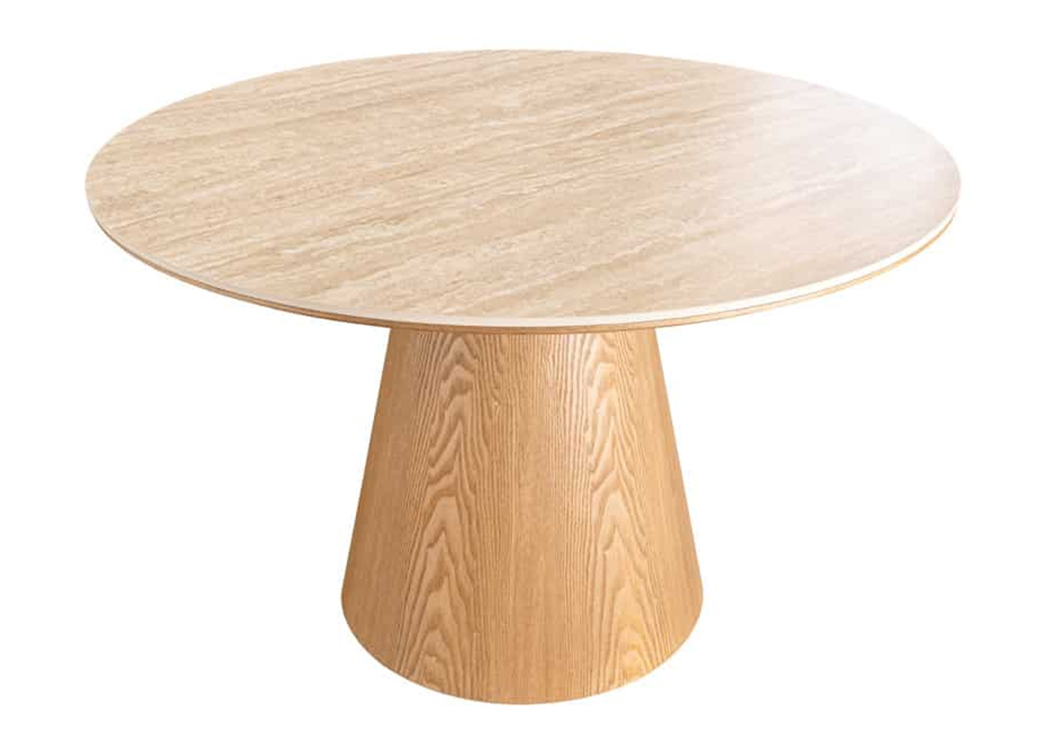 Mobilier de repas scandinave avec table ronde ÉLIORA en chêne clair et céramique travertin