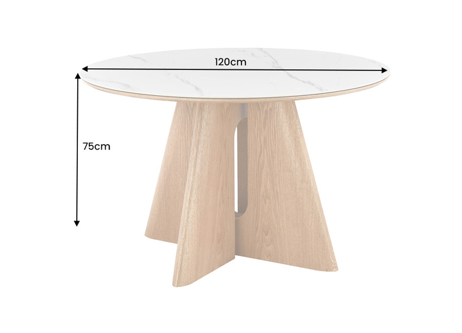 Dimensions de la table ronde ÉLIORA 120 cm avec plateau céramique effet marbre blanc et hauteur de 75 cm