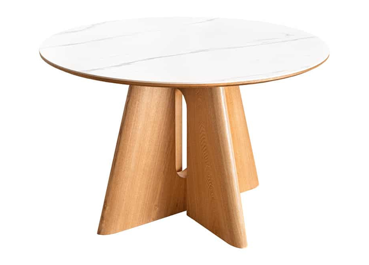 Table ronde ÉLIORA 120 cm avec plateau céramique effet marbre blanc et piètement chêne sur fond blanc