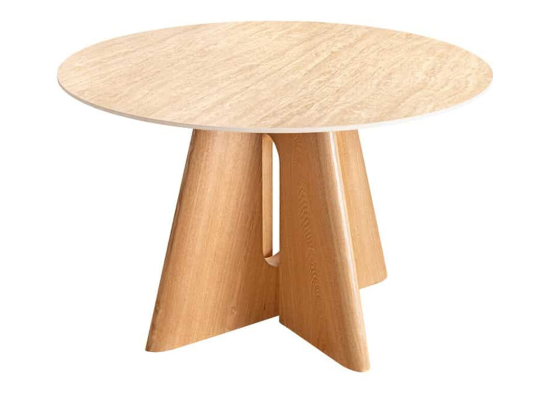 able à manger ronde ÉLORIA 120 cm en travertin naturel et finition chêne sur fond blanc