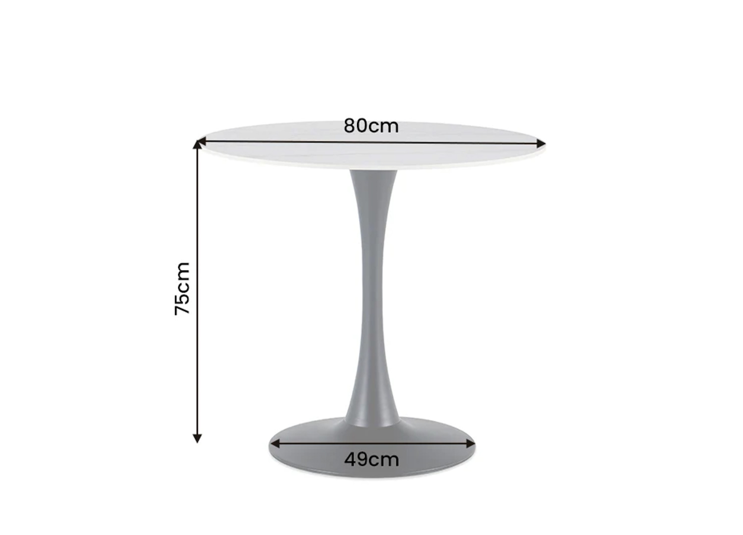 Dimensions de la table bistrot ORBIS 80 cm en céramique blanc marbré avec pied central noir