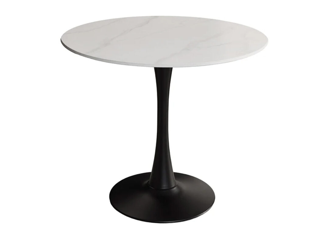 Table ronde ORBIS 80 cm avec plateau blanc marbré et pied tulipe noir en métal
