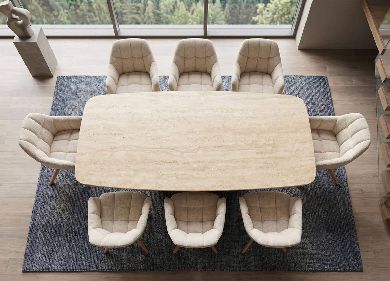 Vue panoramique de la table SÉRANDE 200 cm en céramique travertin avec pied colonne en placage chêne
