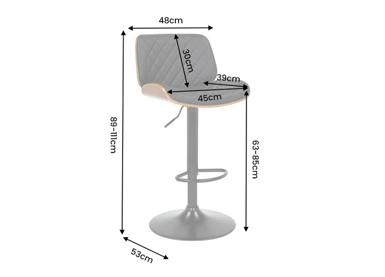 Dimensions du tabouret de bar ARMAN noir et bois noyer réglable en hauteur