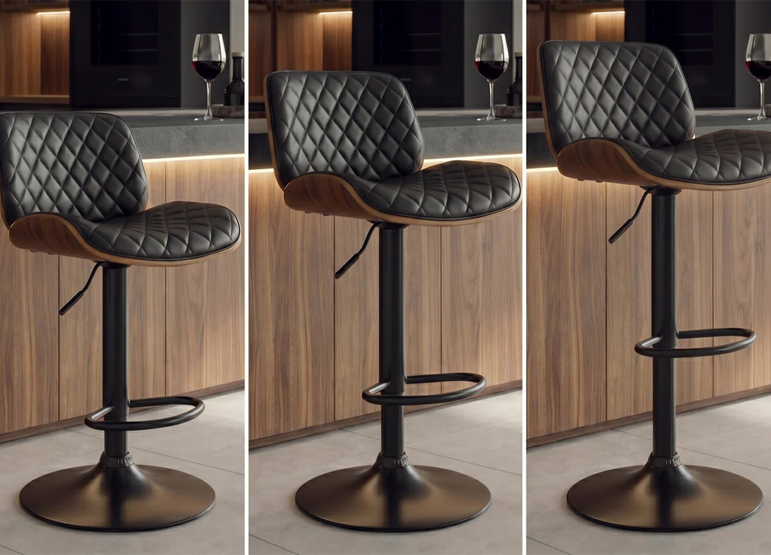 Tabouret de bar ARMAN noir et noyer présenté à différentes hauteurs