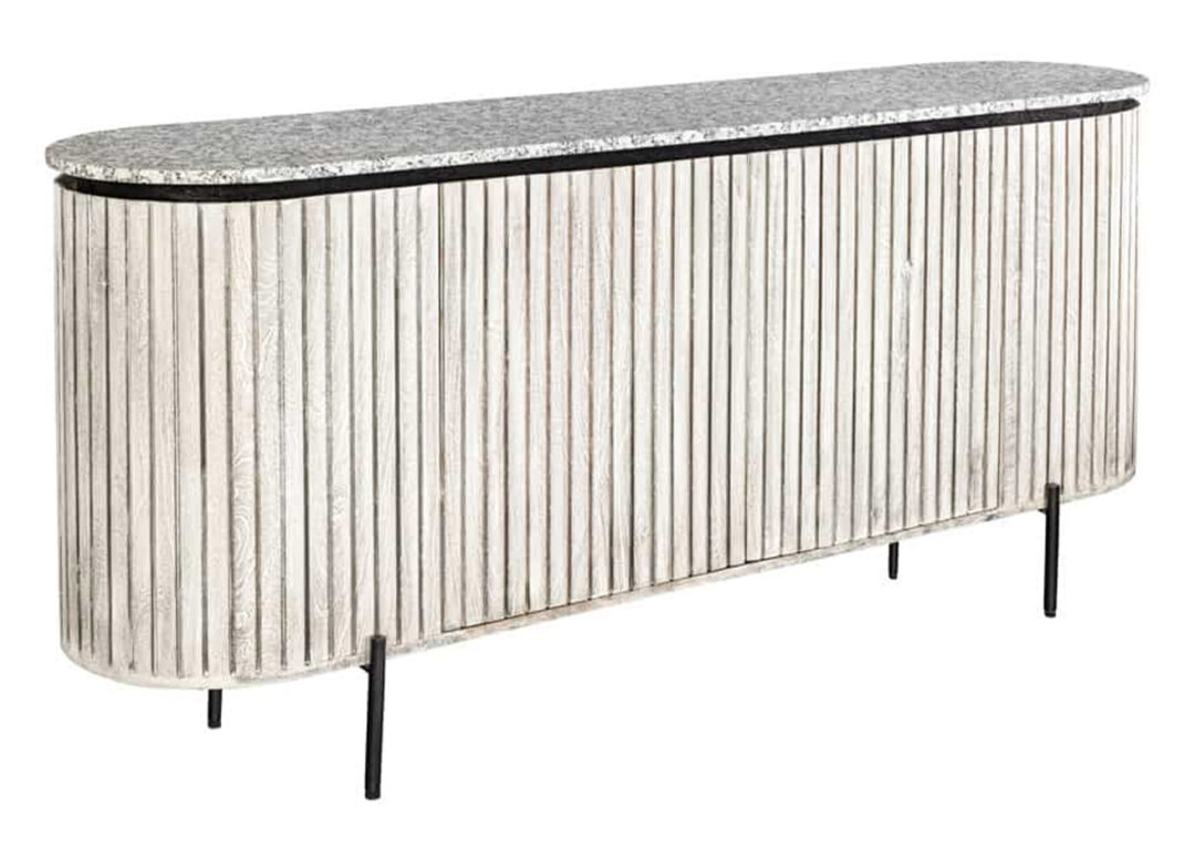 Buffet bas ALMÉA 172 cm avec portes ouvertes révélant son espace de rangement intérieur en bois