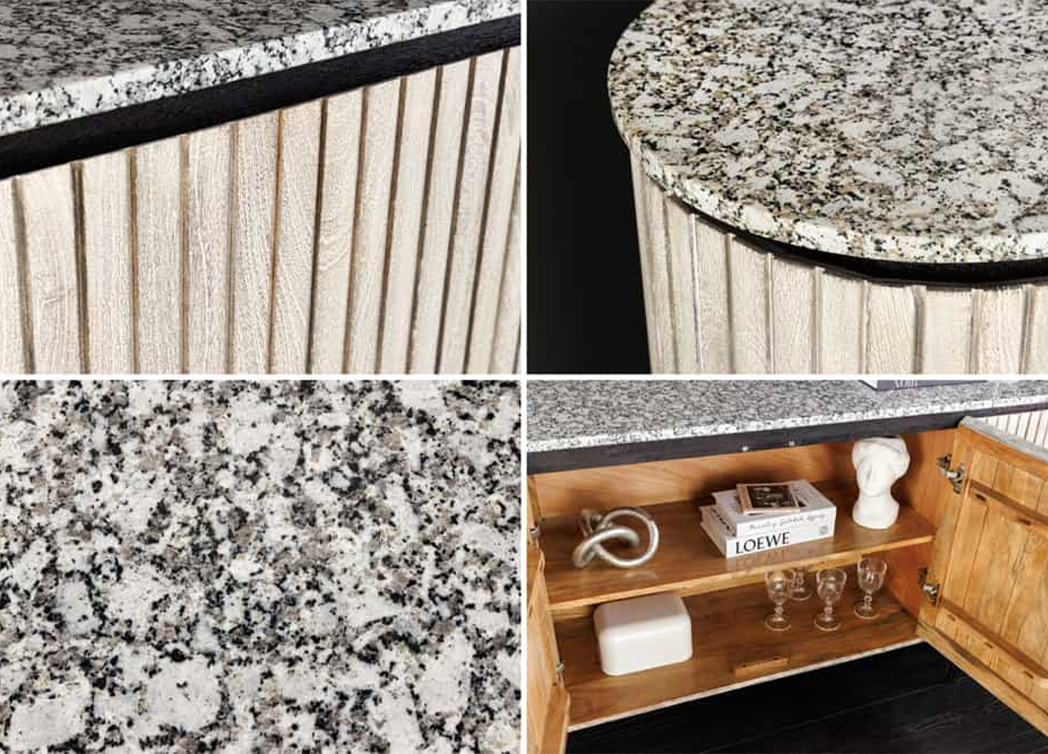 Montage de détails du buffet ALMÉA montrant le marbre blanc, la façade rainurée et le rangement intérieur