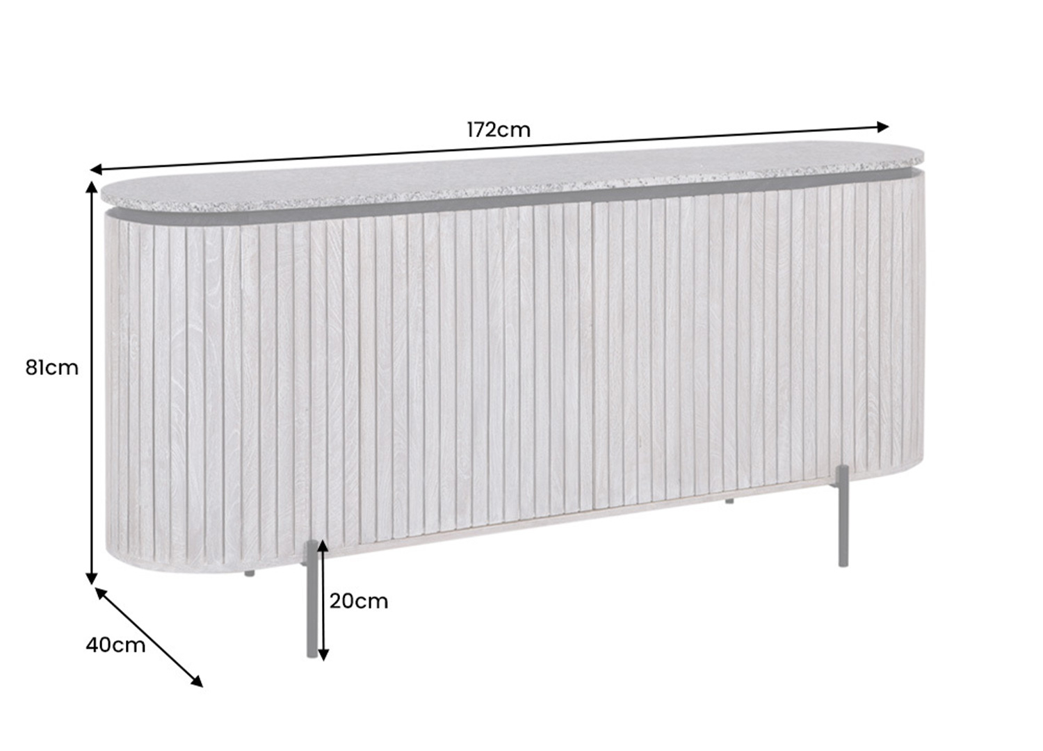 Dimensions du buffet bas ALMÉA : 172 cm de long, 40 cm de profondeur et 81 cm de hauteur
