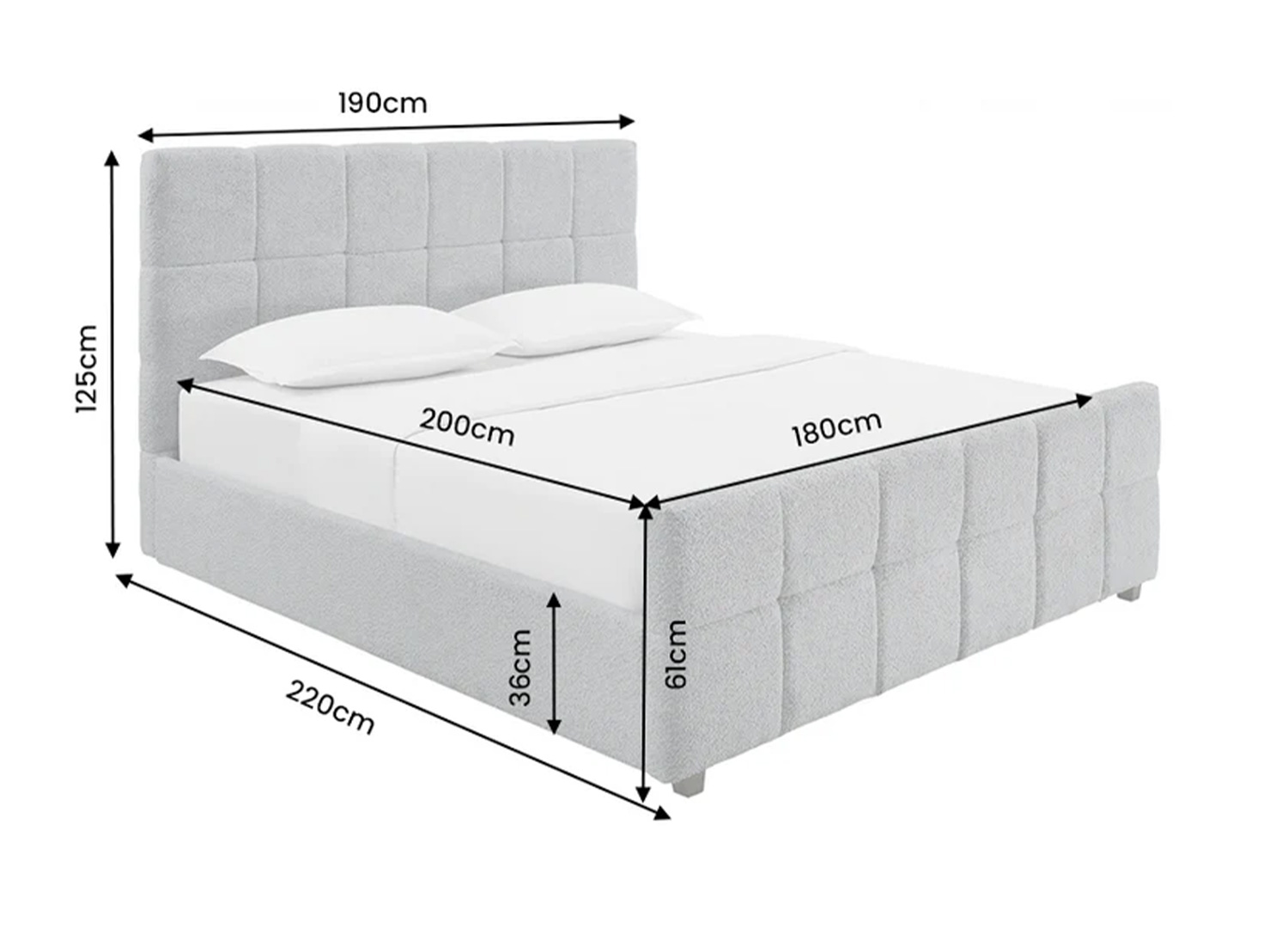 Dimensions du lit coffre MÉRÉA 180 × 200 cm : largeur 190 cm, profondeur 220 cm et hauteur 125 cm