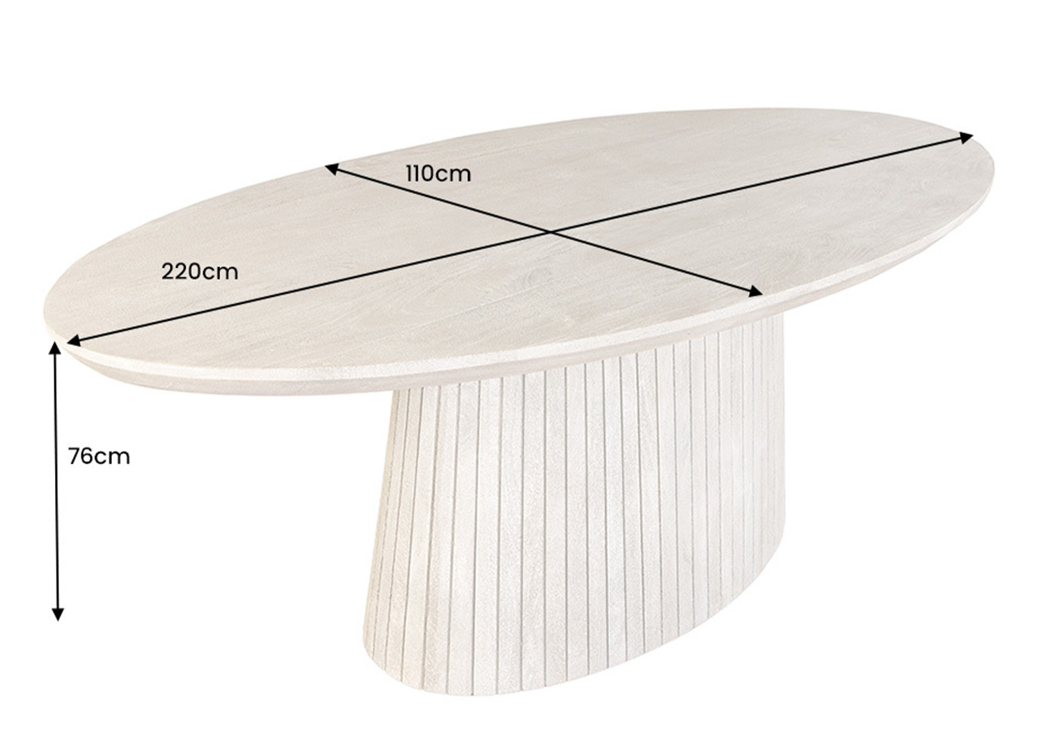 Dimensions de la table à manger ovale SÉVÉRIA : longueur 220 cm, largeur 110 cm et hauteur 76 cm